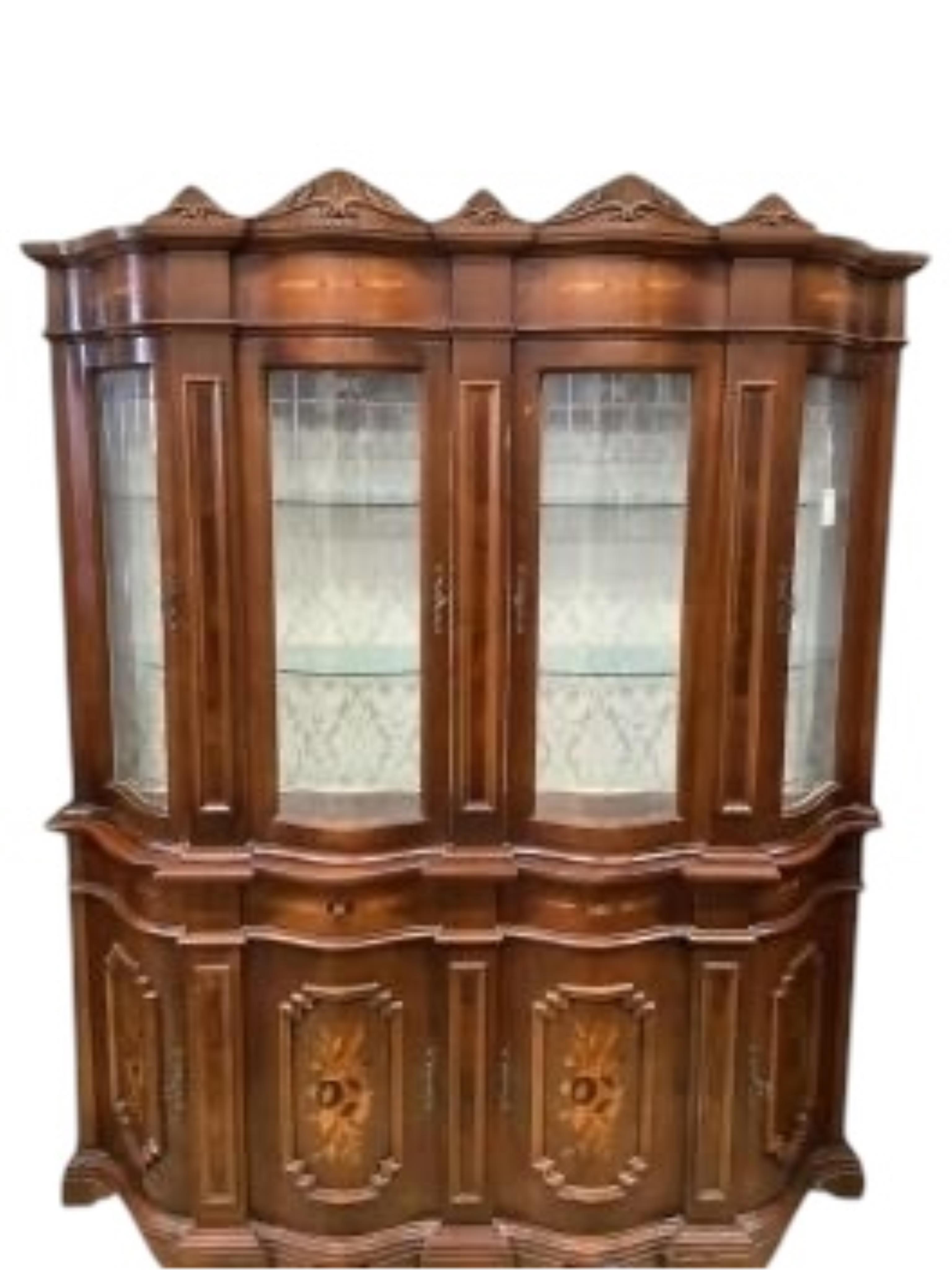 A reproduction marquetry inlaid mahogany baroque style display cabinet, width 173cm, depth 41cm, height 199cm